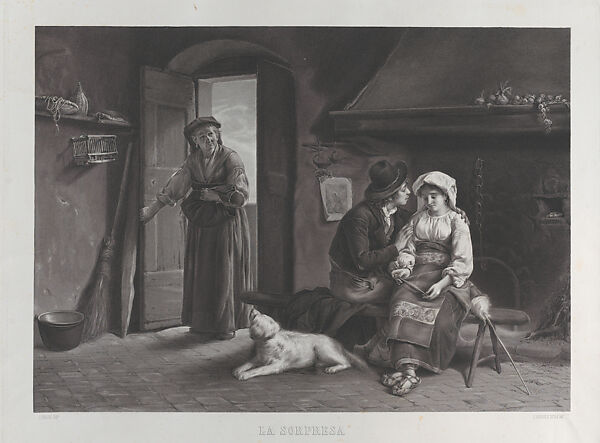 The Surprise (La Sorpresa), an old woman enters a cottage at left while a couple is seated at right, Luigi Boscolo (Italian, born Rovigo, 1824), Engraving 