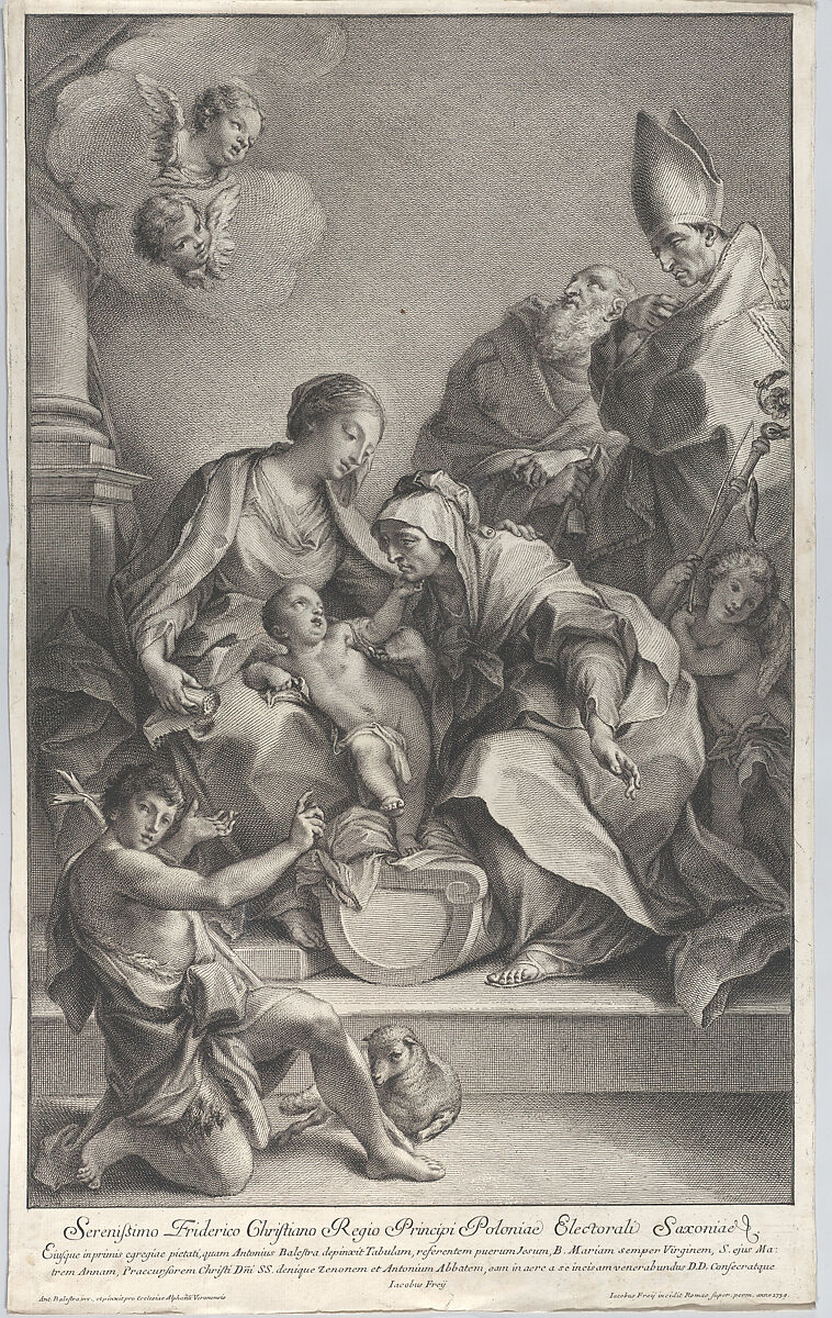 The Virgin and Child with Saints Anne, John the Baptist, Zeno, and Anthony, Johann Jakob Frey the Elder (Swiss, active in Rome 1681–1752), Etching and engraving 