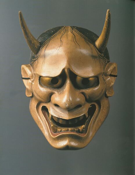 Hannya Noh Mask, Yūkan Mitsuyasu (Japanese, 1577–1652), Wood, gesso, polychrome pigments, and brass and gold accents, Japan 