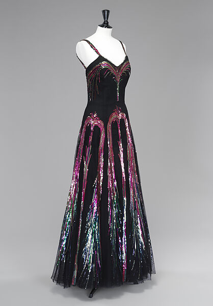 Evening ensemble, House of Chanel (French, founded 1910), silk, plastic, suede, glass, French