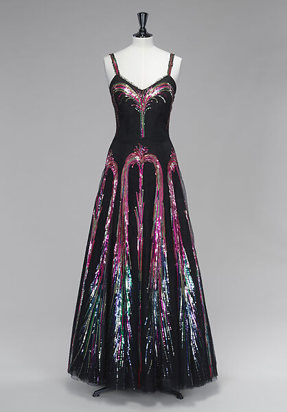 Evening ensemble, House of Chanel (French, founded 1910), silk, plastic, suede, glass, French 