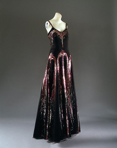 Evening ensemble, House of Chanel (French, founded 1910), silk, plastic, suede, glass, French
