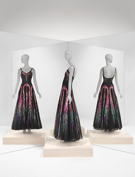 Evening ensemble, House of Chanel (French, founded 1910), silk, plastic, suede, glass, French