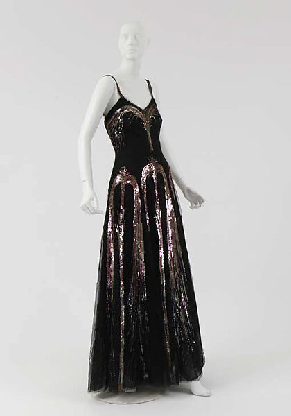 Evening ensemble, House of Chanel (French, founded 1910), silk, plastic, suede, glass, French
