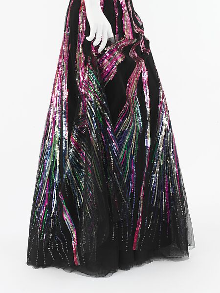 Evening ensemble, House of Chanel (French, founded 1910), silk, plastic, suede, glass, French