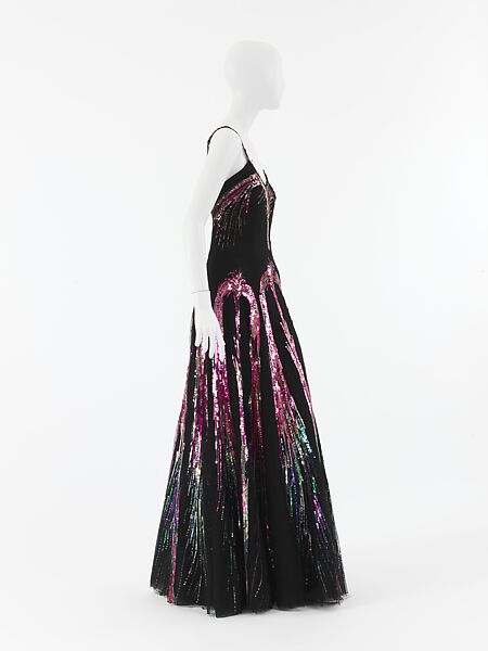Evening ensemble, House of Chanel (French, founded 1910), silk, plastic, suede, glass, French