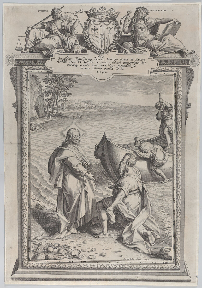 Christ calling Saint Andrew, who kneels before him on a beach, and Saint Peter, who climbs out of a boat at right, Adriaen Collaert (Netherlandish, Antwerp ca. 1560–1618 Antwerp), Engraving 