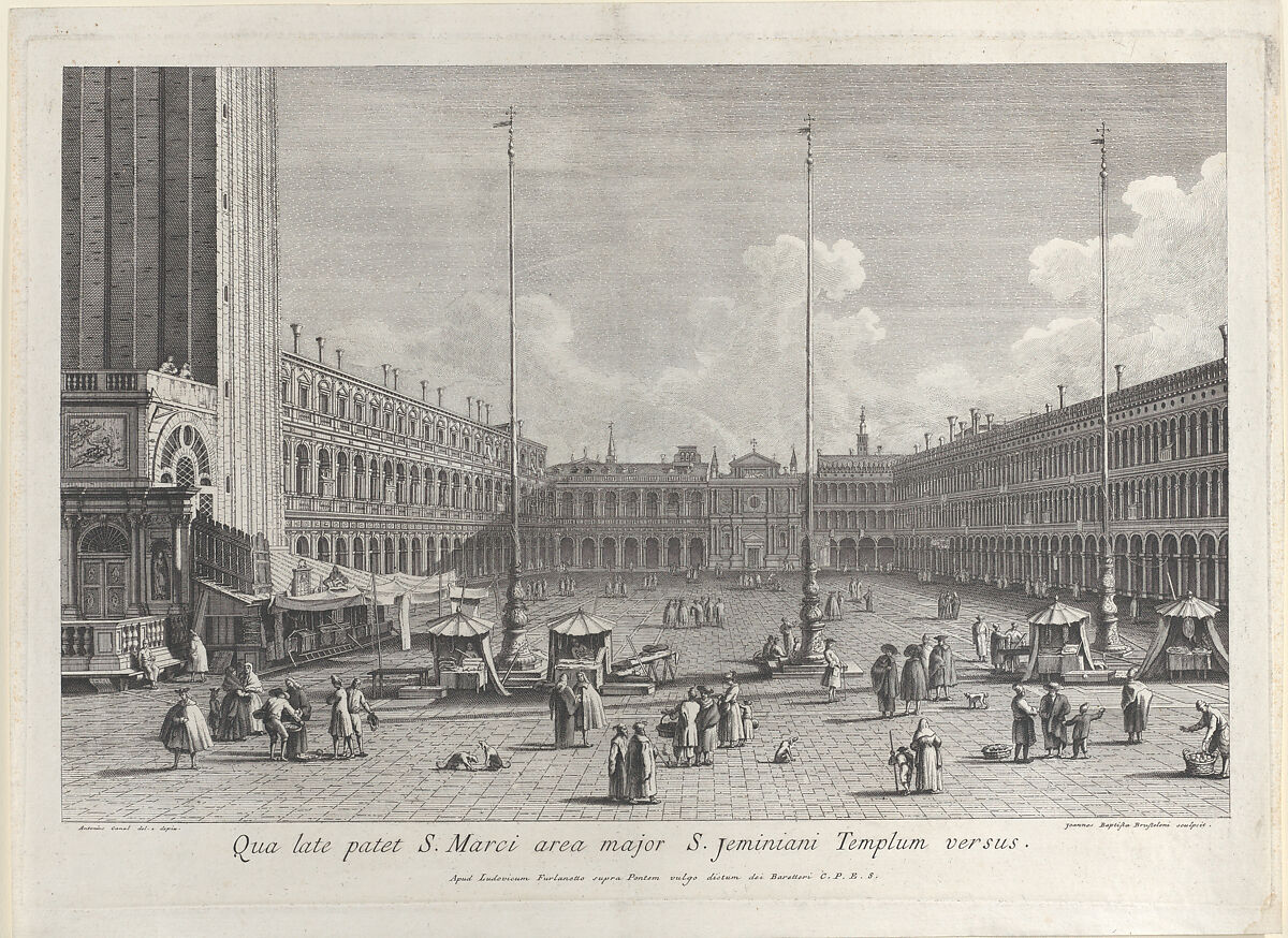 View of Piazza San Marco, with the church of San Geminiano at the far end, and figures and market stalls in the foreground, Giovanni Battista Brustolon (Italian, Venice 1712–1796 Venice), Etching 