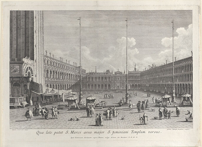View of Piazza San Marco, with the church of San Geminiano at the far end, and figures and market stalls in the foreground