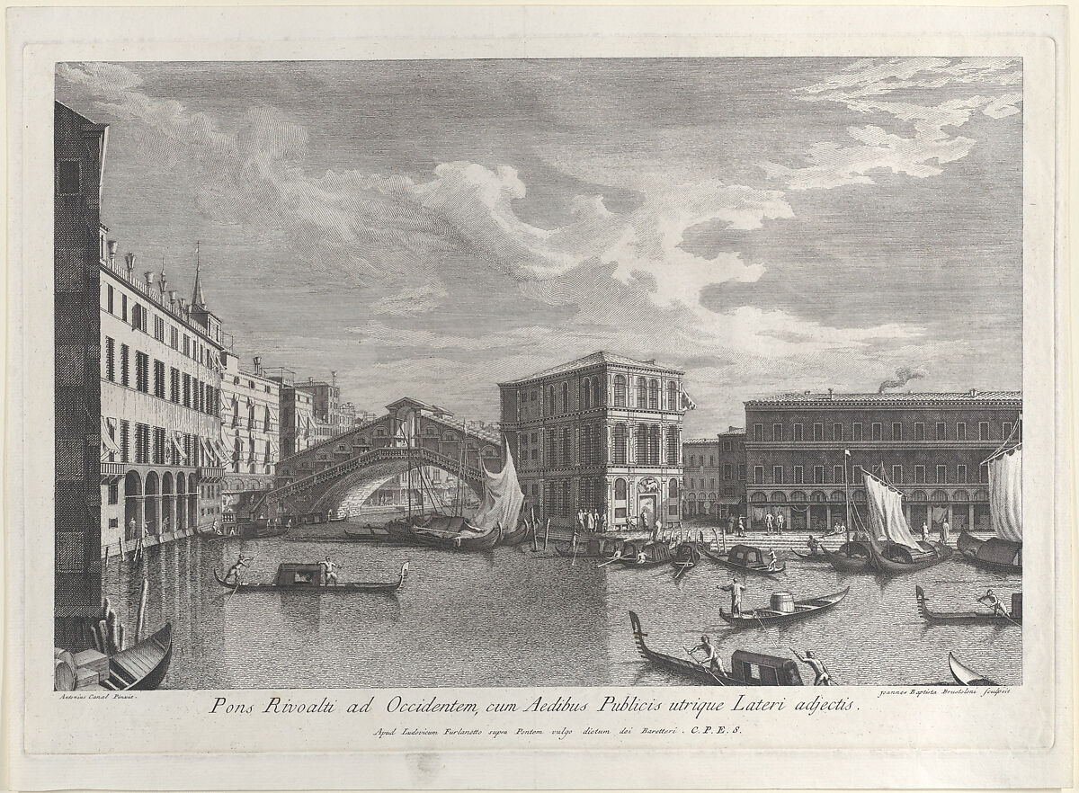 The Rialto Bridge, Venice, with boats and gondolas in the water, Giovanni Battista Brustolon (Italian, Venice 1712–1796 Venice), Etching 