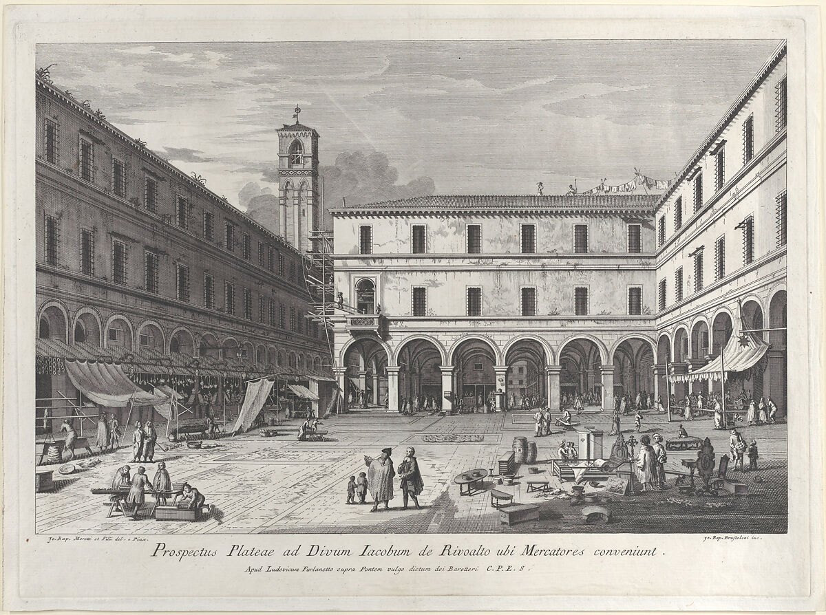 View of the market square near the church of San Giacomo, Giovanni Battista Brustolon (Italian, Venice 1712–1796 Venice), Etching 