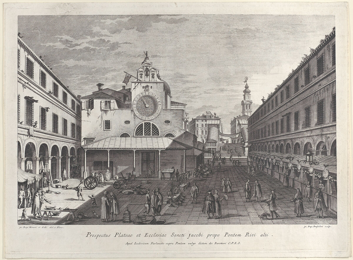 The Church of San Giacomo di Rialto, at right Palazzo dei Dieci and the bridge of Rialto, Giovanni Battista Brustolon (Italian, Venice 1712–1796 Venice), Etching; first state of four 