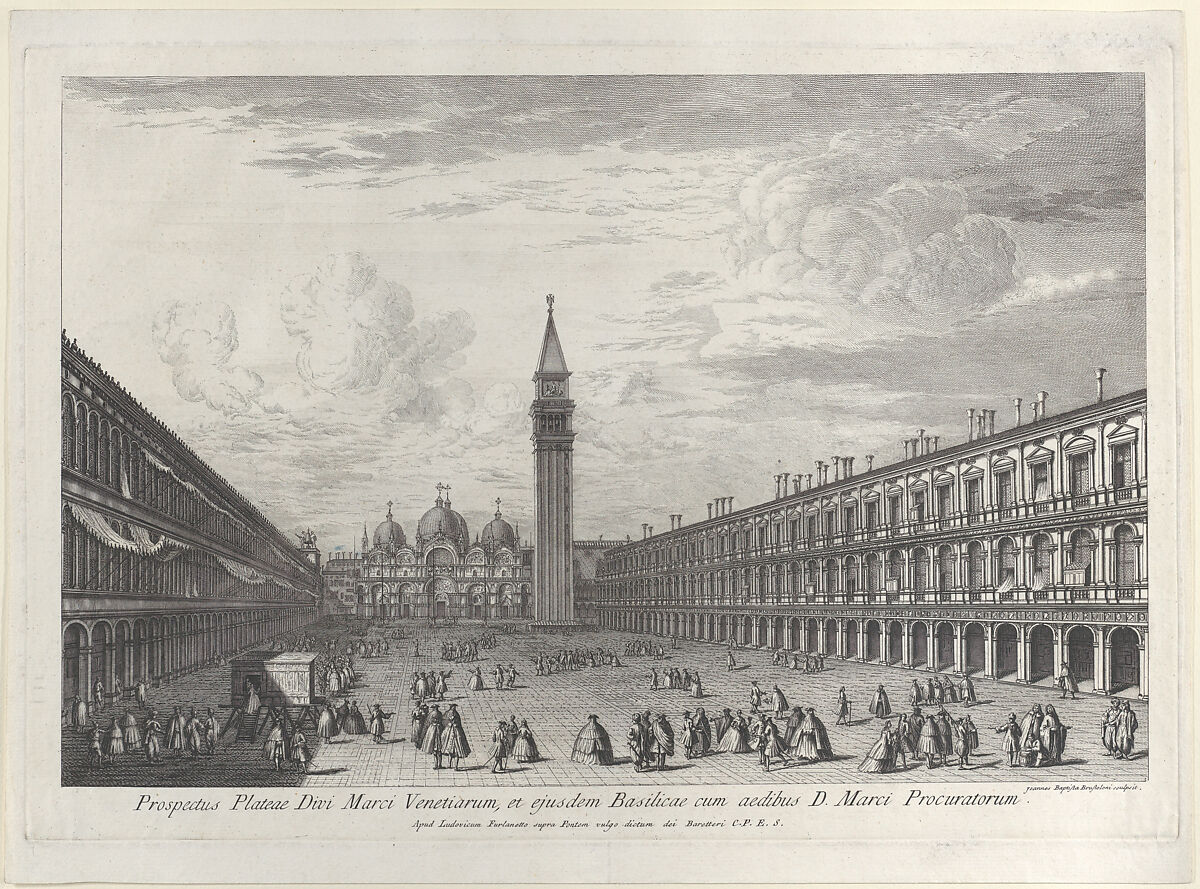 Piazza San Marco looking towards the Basilica and Campanile, Giovanni Battista Brustolon (Italian, Venice 1712–1796 Venice), Etching 