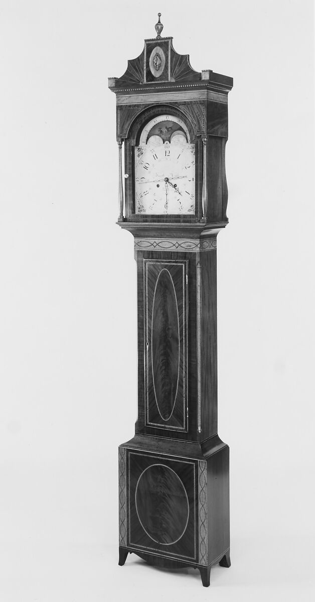 Tall Clock, Jacob Diehl (1776–1858), Mahogany, satinwood veneer with white pine,
yellow poplar, American
