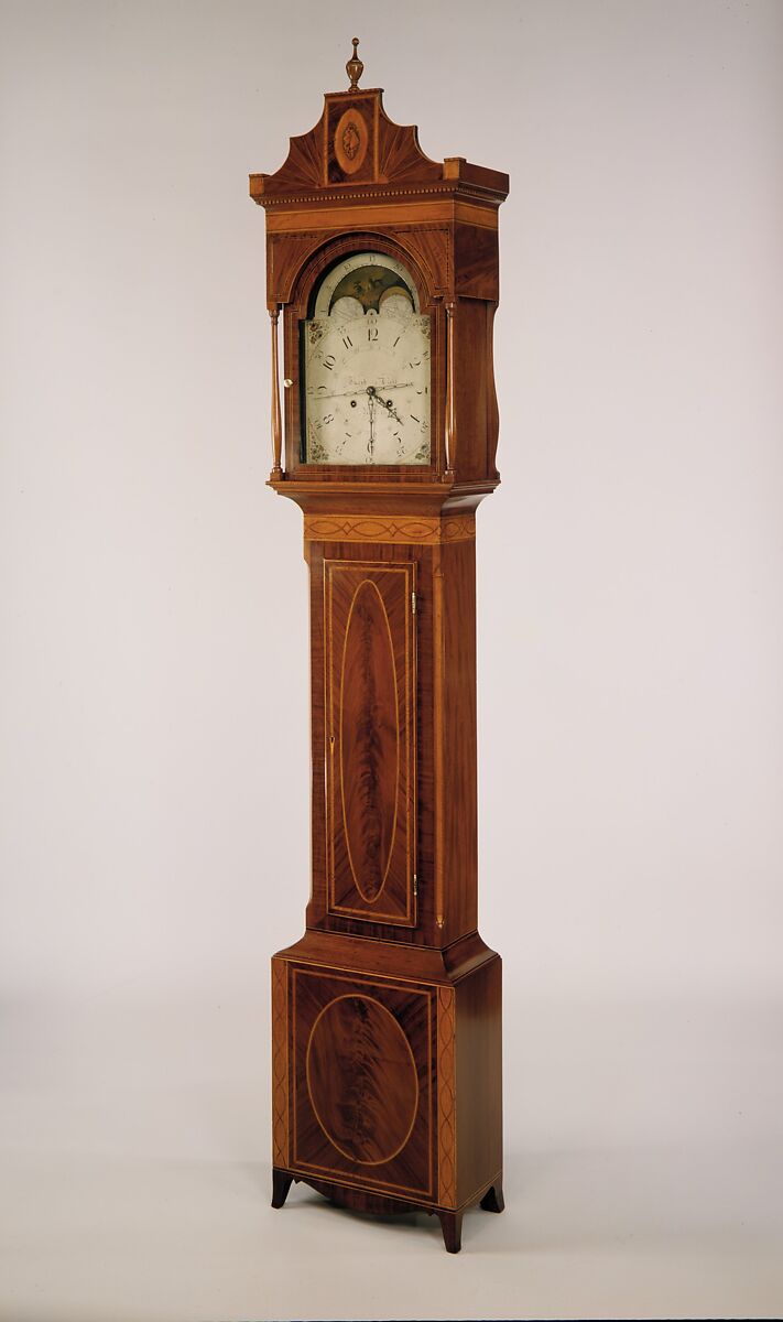Tall Clock, Jacob Diehl (1776–1858), Mahogany, satinwood veneer with white pine,
yellow poplar, American 