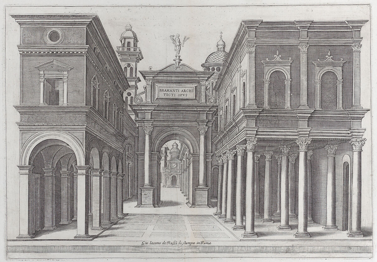 A street with buildings, colonnades and an arch, School of Donato d&#39;Agnolo Bramante (Italian, 1444–1515), Engraving; third state of three 