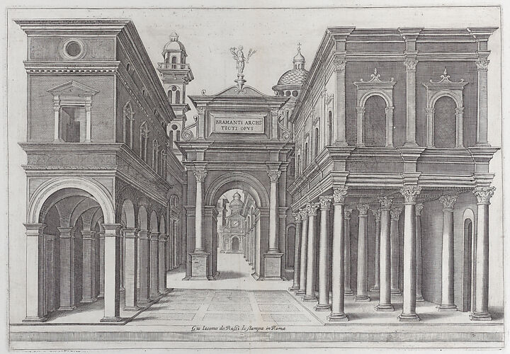 A street with buildings, colonnades and an arch