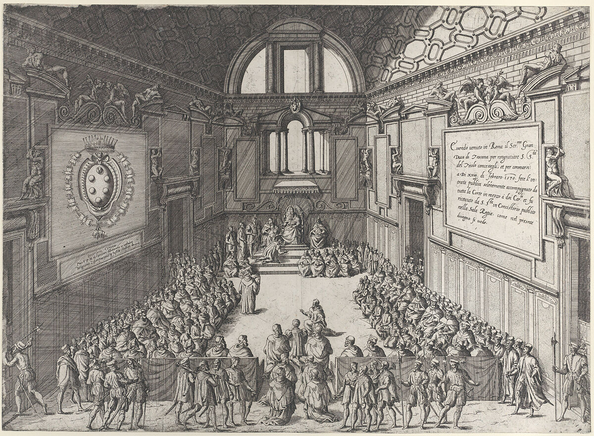 Audience given by Pope Pius V to Cosimo I, Duke of Tuscany, Giovanni Ambrogio Brambilla (Italian, active Rome, 1575–99), Etching 