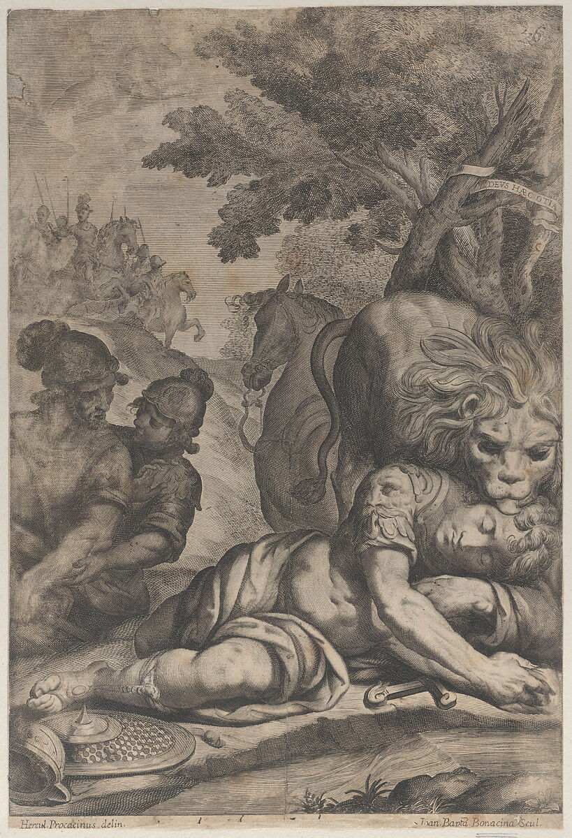 A lion atop a fallen horseman at right, with two other soldiers at left, Giovanni Battista Bonacina (Italian, Milan 1620–ca. 1670), Etching and engraving 