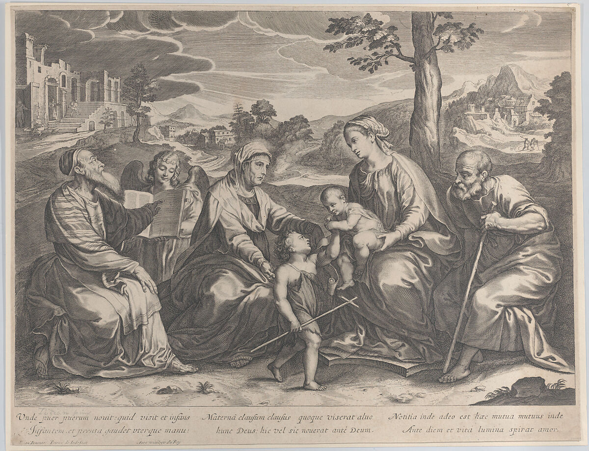 The Holy Family at right, with the infant Saint John the Baptist, Elizabeth, Zacharias, and an angel at left, Pieter de Jode II (Flemish, 1606–ca. 1674), Engraving 
