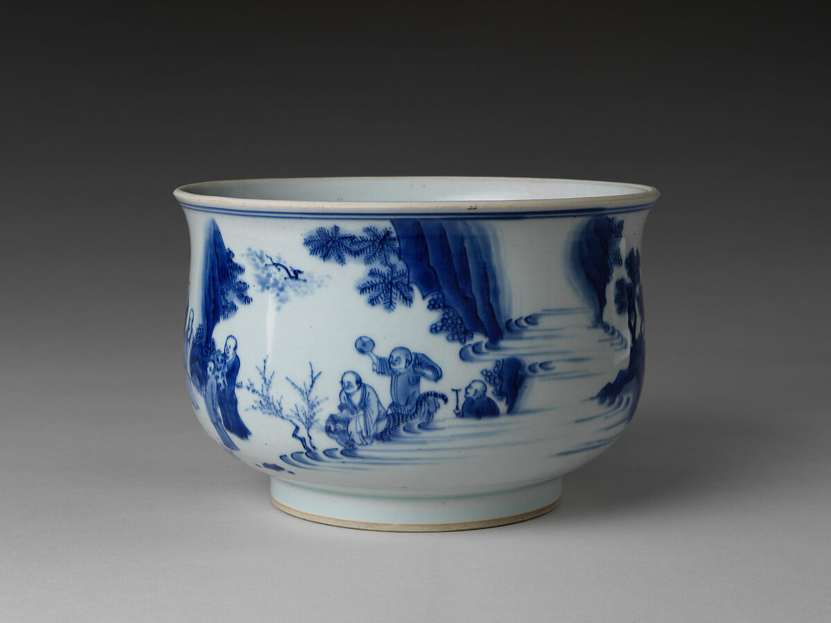 Incense Burner with the Eighteen Luohans, Porcelain with underglaze cobalt blue decoration (Jingdezhen ware), China