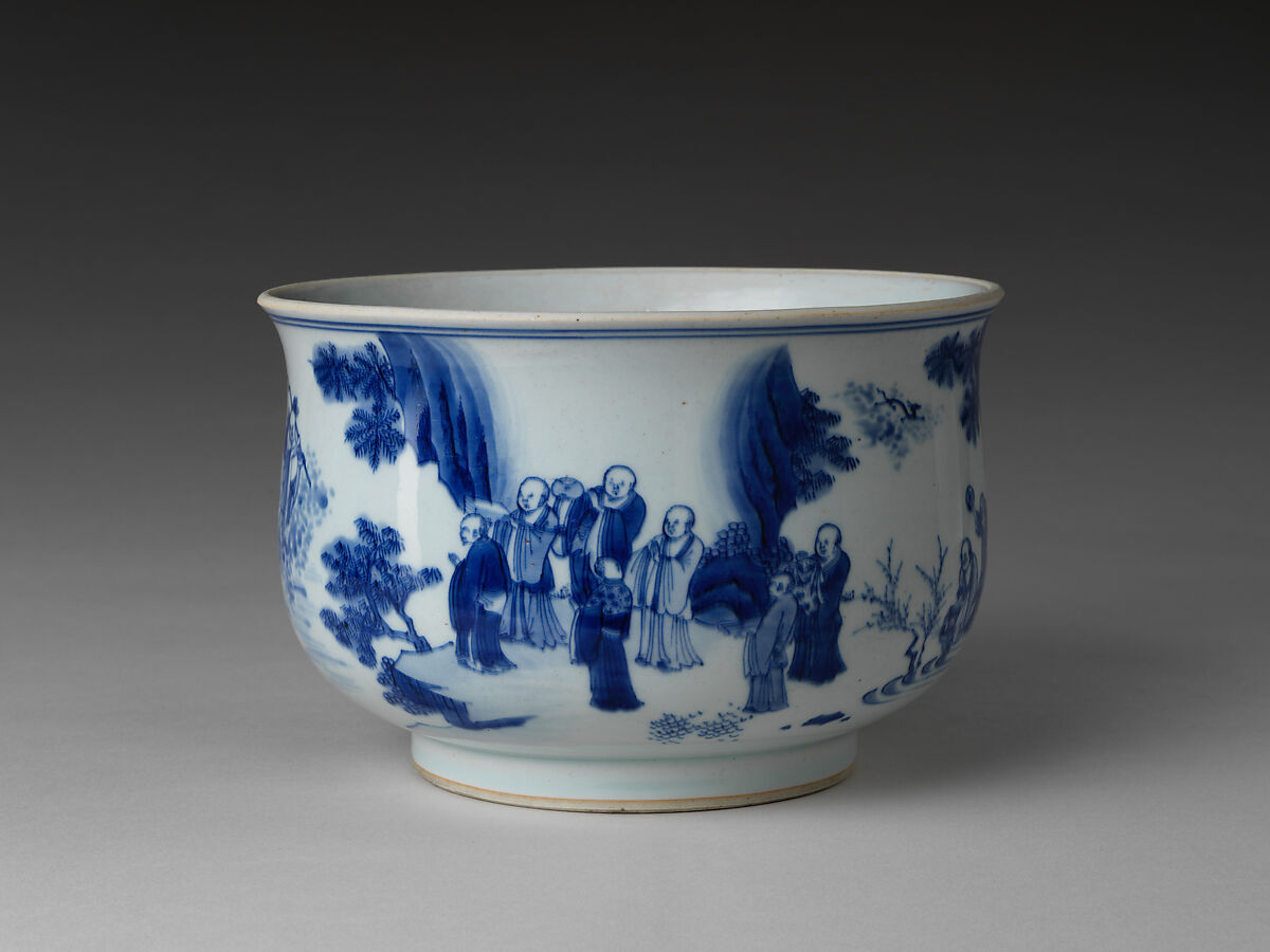 Incense Burner with the Eighteen Luohans, Porcelain with underglaze cobalt blue decoration (Jingdezhen ware), China