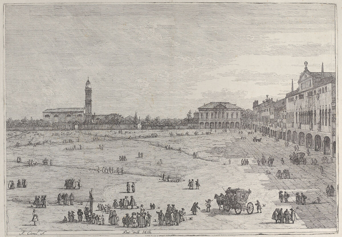 Prà della Valle: the right half of the square of Prà della Valle in Padua, with the Colleggio Universitario at right, Canaletto (Giovanni Antonio Canal) (Italian, Venice 1697–1768 Venice), Etching; first state of two (Bromberg) 