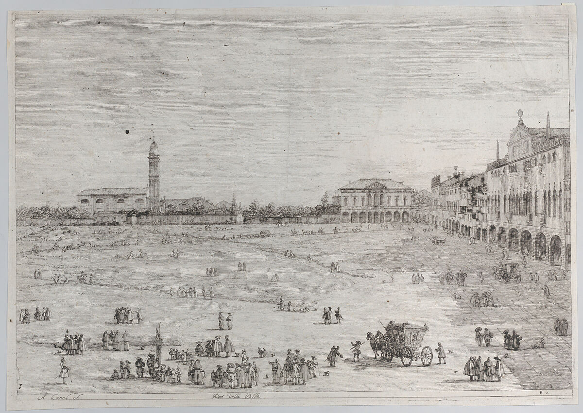 Prà della Valle: the right half of the square of Prà della Valle in Padua, with the Colleggio Universitario at right, Canaletto (Giovanni Antonio Canal) (Italian, Venice 1697–1768 Venice), Etching; first state of two (Bromberg)