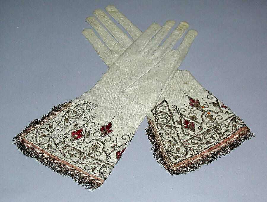 Gloves, leather, metal thread, British 