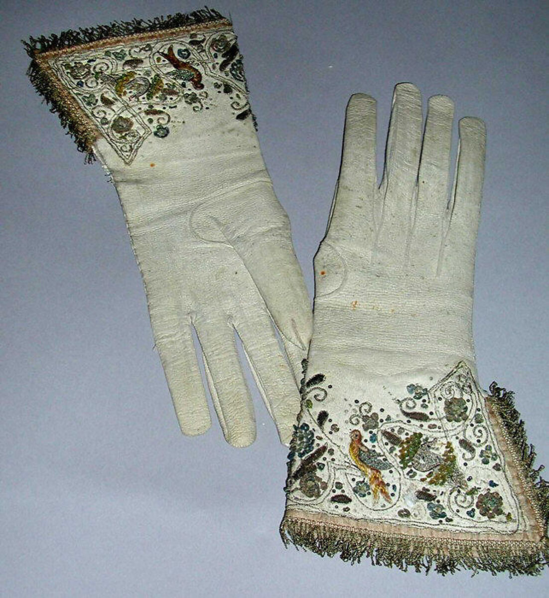 Gloves, leather, metal thread, silk, British 