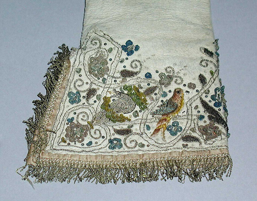 Gloves, leather, metal thread, silk, British