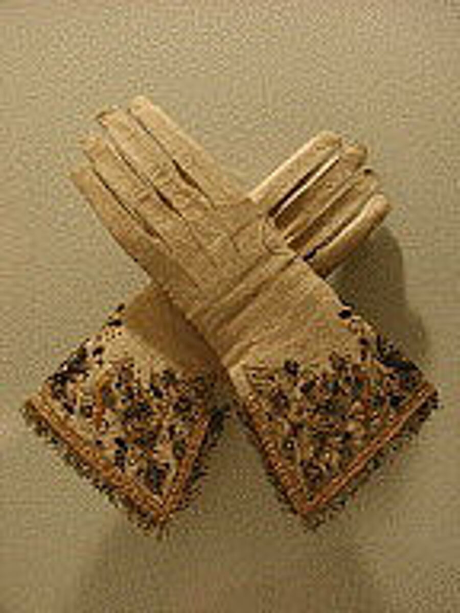 Gloves, leather, metal thread, silk, British