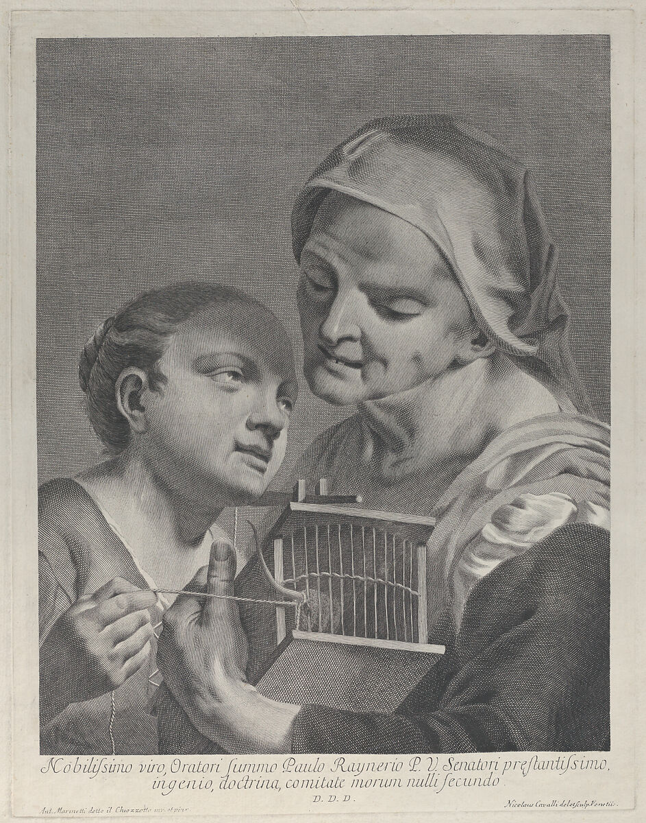 An old woman holding a mousetrap while a young girl holds a string attached to its tail, Niccolò Cavalli (Italian, Longarone, 1730–1822), Engraving 