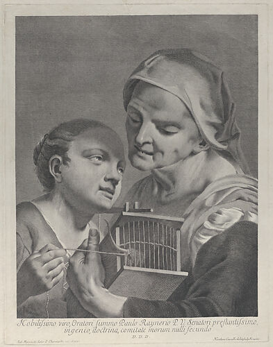 An old woman holding a mousetrap while a young girl holds a string attached to its tail