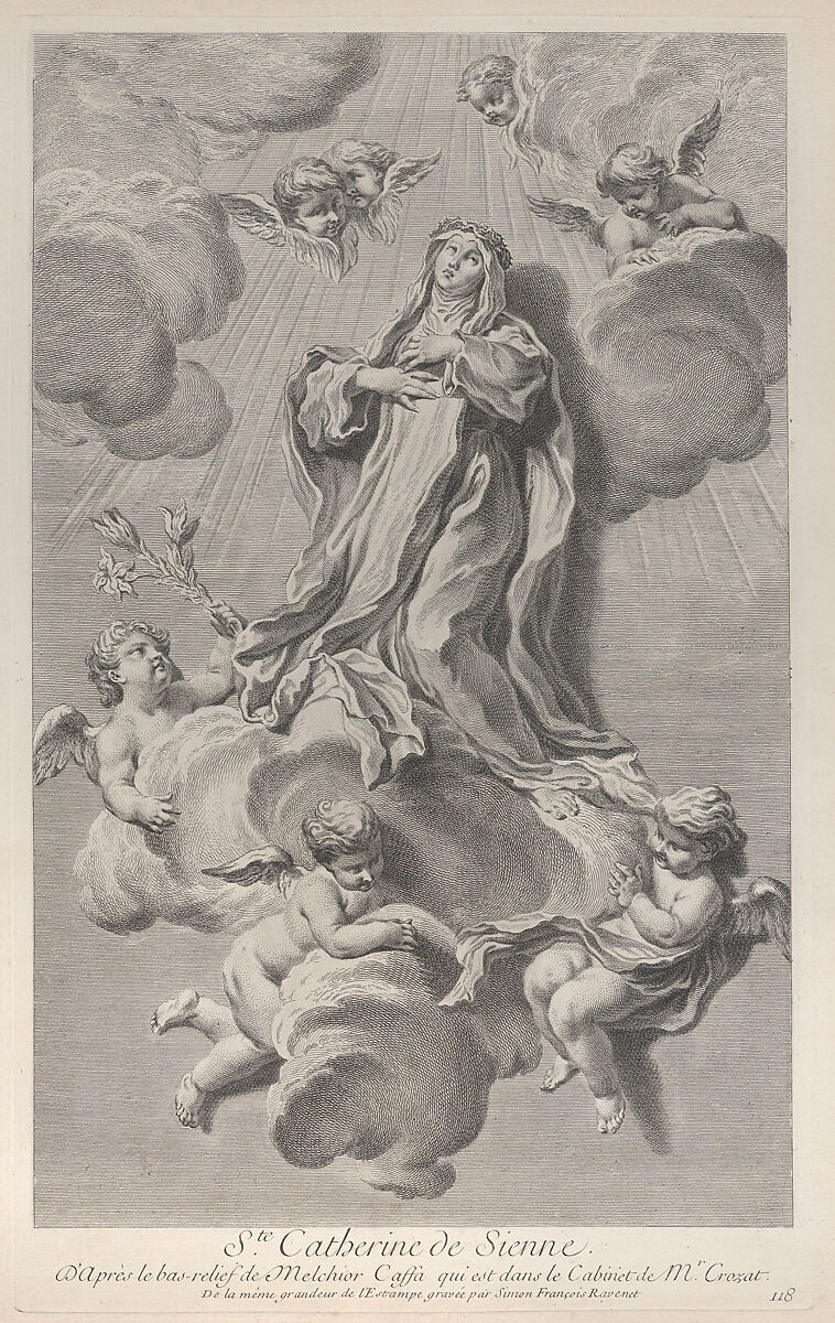 The Ecstasy of Saint Catherine of Siena, kneeling on a cloud carried by angels, one of whom holds a lily, Simon Francis Ravenet, the elder (French, Paris 1706–1774 London), Etching 