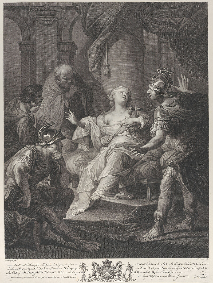 Lucretia deploring her misfortune to her husband Collatinus, her father, Publius Valerius, and Junius Brutus, Simon Francis Ravenet, the elder (French, Paris 1706–1774 London), Engraving 