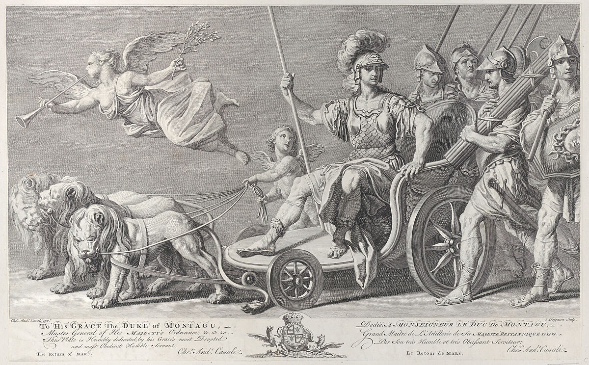 Mars on a chariot drawn by three lions, Charles Grignion, I (British, London baptised 1721–1810 London), Etching and engraving 