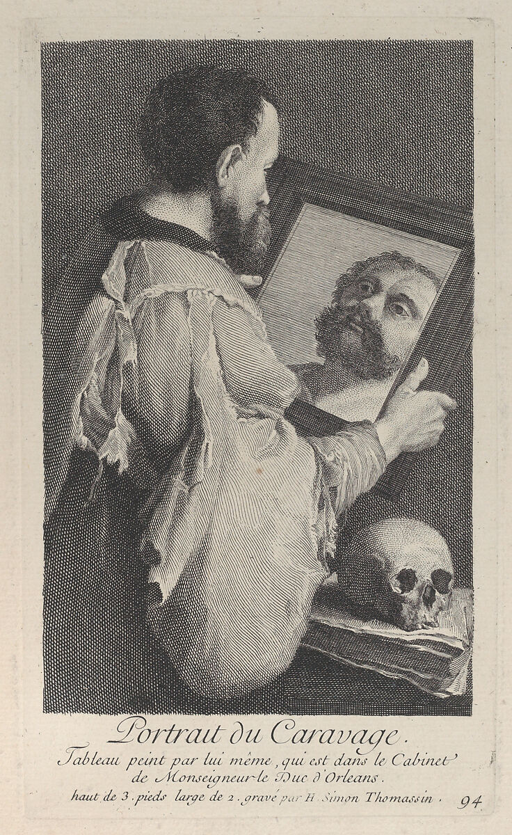 Portrait of Caravaggio, turned to the right and looking at his reflection in a mirror, Henri Simon Thomassin (French, Paris 1687–1741), Etching 