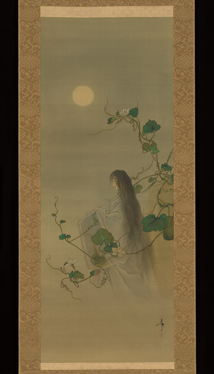 The Spirit of the Deceased Yūgao Entwined in Moonflower Vines, based on the print “The Lady of the Evening Faces,” from the series One Hundred Aspects of the Moon (Tsuki hyakushi: Genji Yūgao no maki), Tsukioka Yoshitoshi (Japanese, 1839–1892), Hanging scroll; ink and color on silk, Japan 