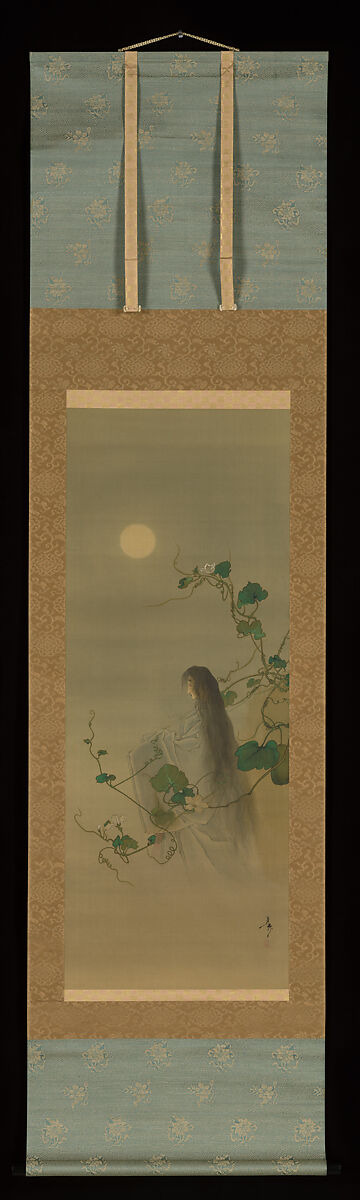 The Spirit of the Deceased Yūgao Entwined in Moonflower Vines, based on the print “The Lady of the Evening Faces,” from the series One Hundred Aspects of the Moon (Tsuki hyakushi: Genji Yūgao no maki), Tsukioka Yoshitoshi (Japanese, 1839–1892), Hanging scroll; ink and color on silk, Japan