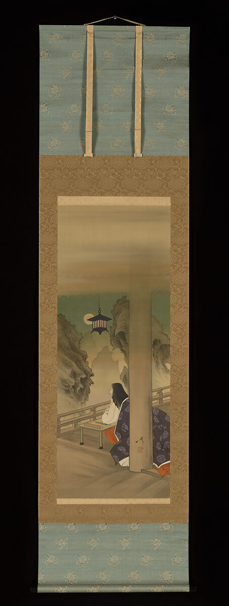 Murasaki Shikibu at Ishiyamadera Temple, based on the print “The Moon at Ishiyama,” from the series One Hundred Aspects of the Moon (Tsuki hyakushi: Ishiyama no tsuki), Tsukioka Yoshitoshi (Japanese, 1839–1892), Hanging scroll; ink and color on silk, Japan 