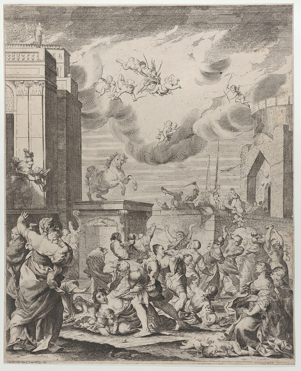 The massacre of the innocents set against a townscape, Lodovico Mattioli (Italian, Crevalcore 1662–1747 Bologna), Etching 