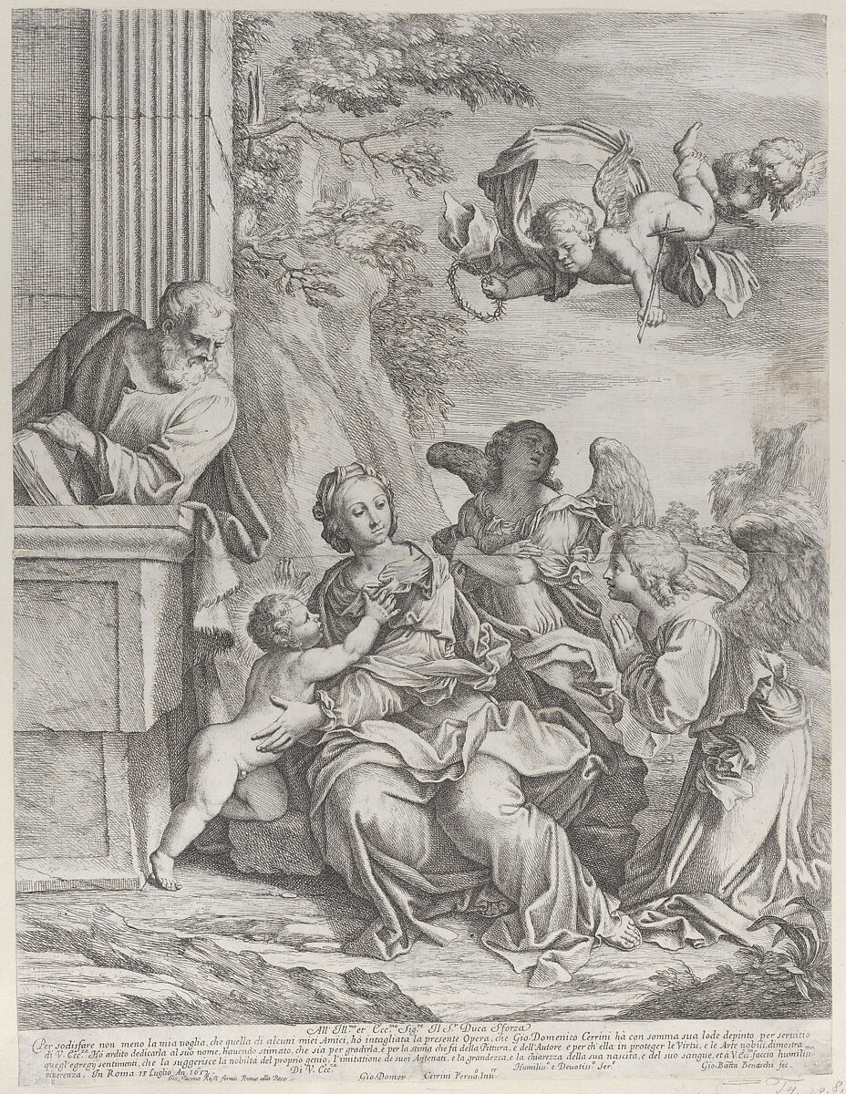 The Holy Family with angels at right and overhead, Giovanni Battista Beinaschi (Italian, Fossano 1636–1688 Naples), Etching; second state of three 