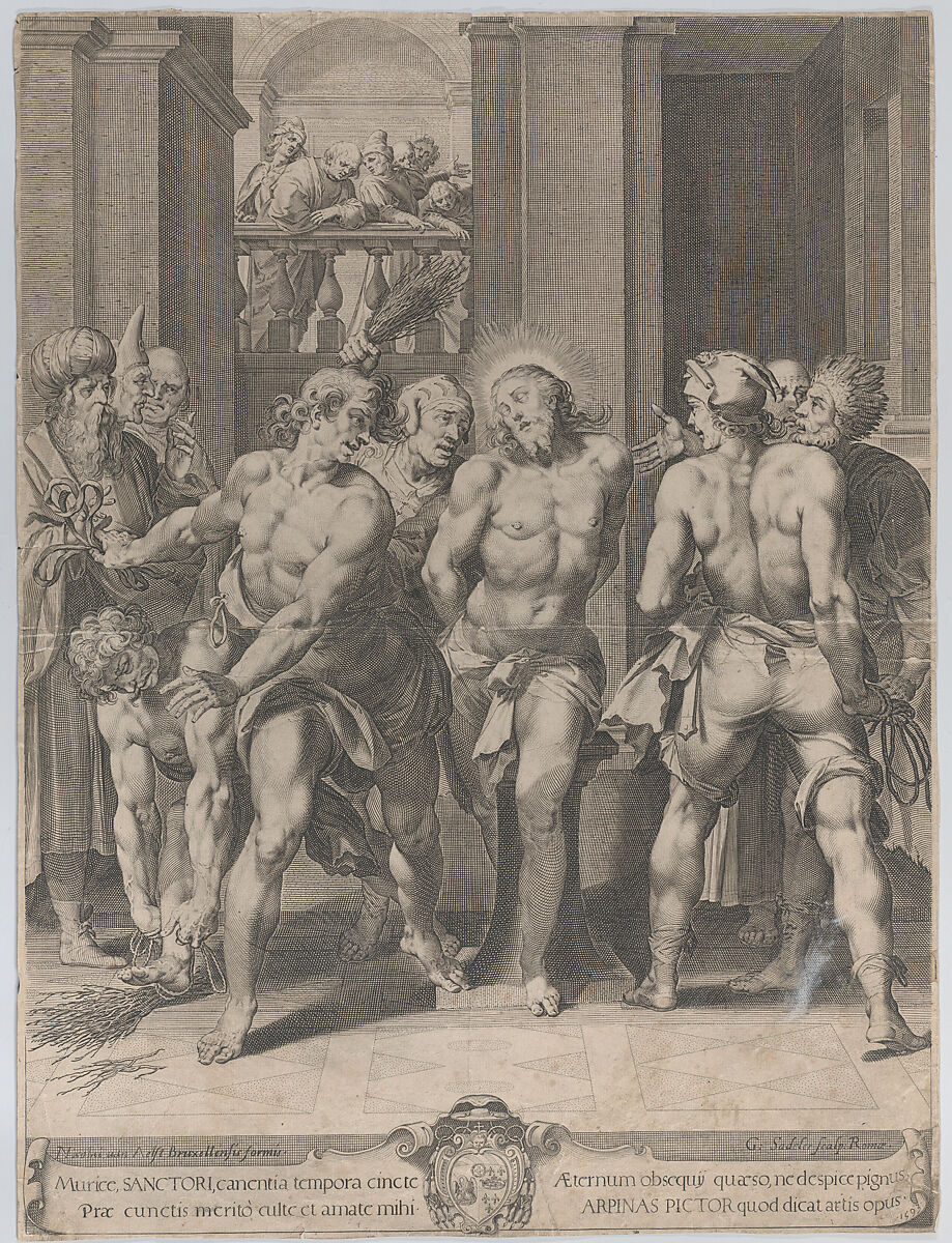 The Flagellation of Christ, with floggers on either side and figures watching from a balcony above in the background, Aegidius Sadeler II (Netherlandish, Antwerp 1568–1629 Prague), Engraving 