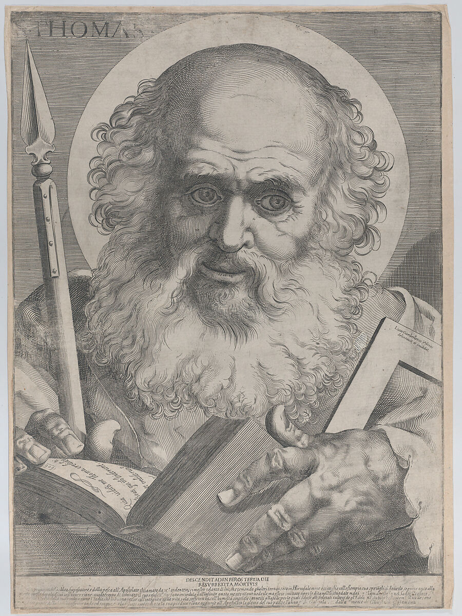 Saint Thomas, with a lance in a right hand and a book and square in his left hand, Luca Ciamberlano (Italian, active Rome, 1599–1641), Engraving 