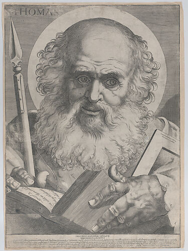 Saint Thomas, with a lance in a right hand and a book and square in his left hand