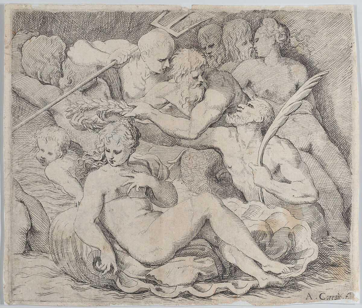 Venus, recumbent on a shell, surrounded by sea gods, Anonymous, Etching 