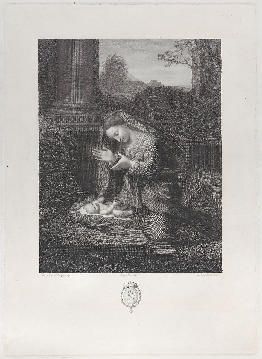 The Virgin adoring the Christ child, Vincenzo Della Bruna (Italian, Venice 1804–1870 Florence), Engraving 