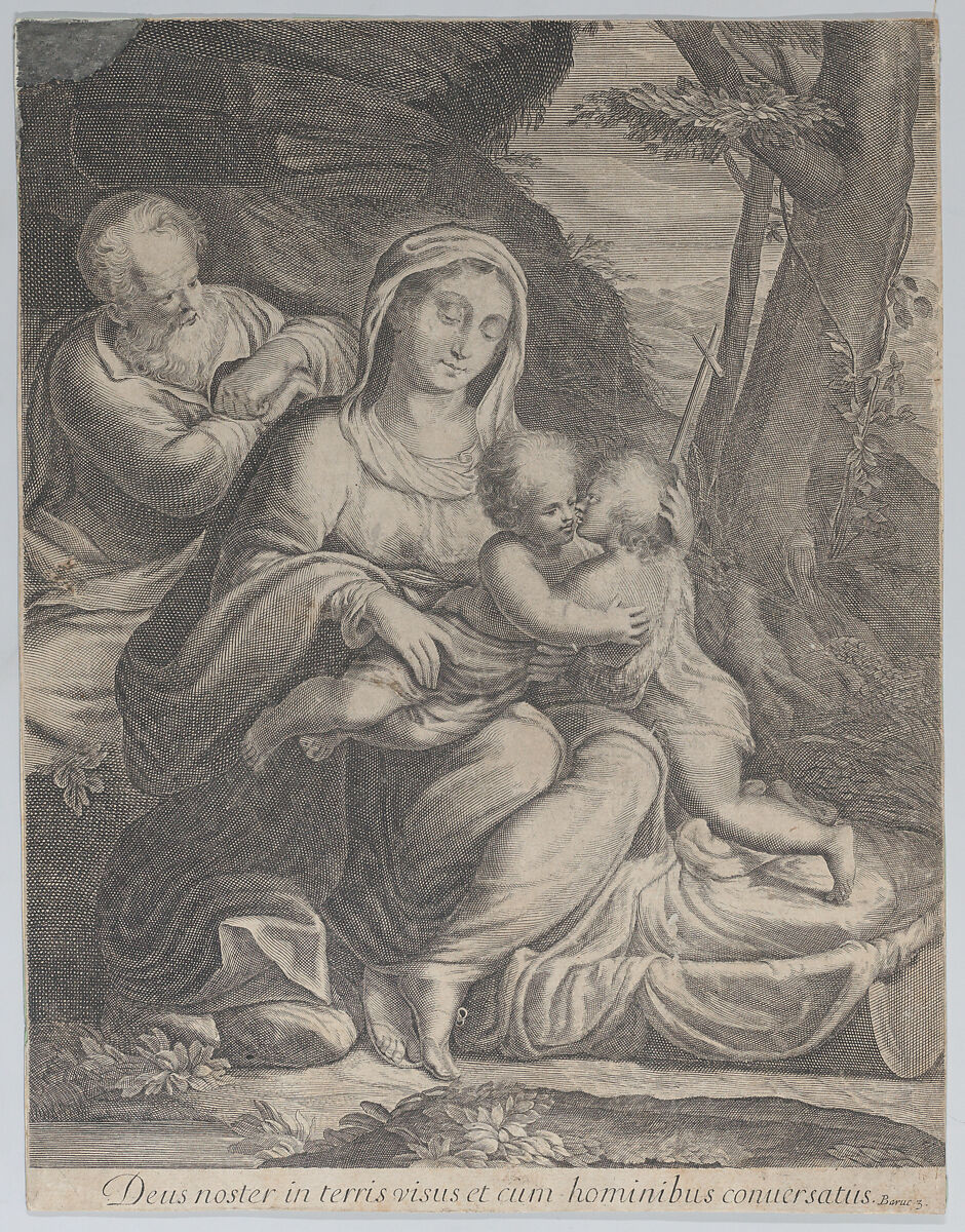 The Holy Family with infant Saint John the Baptist kneeling at right, Anonymous, Engraving 