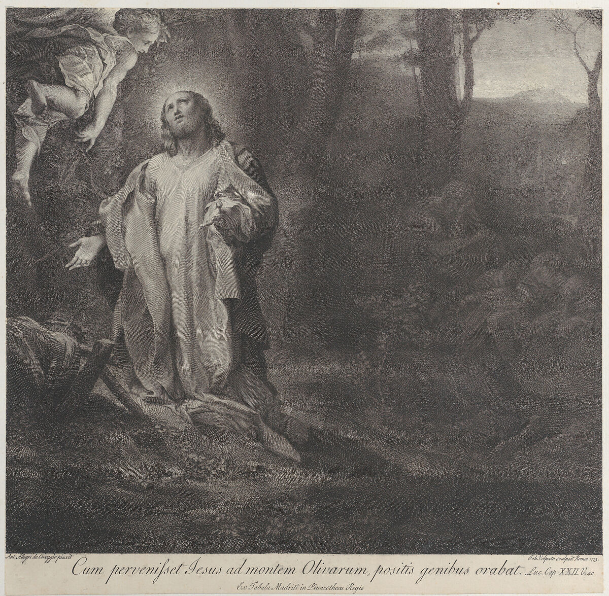 Christ on the Mount of Olives, with an angel at upper left, Pietro Antonio Leone Bettelini (Italian, Lugano 1763–1829 Rome), Engraving 